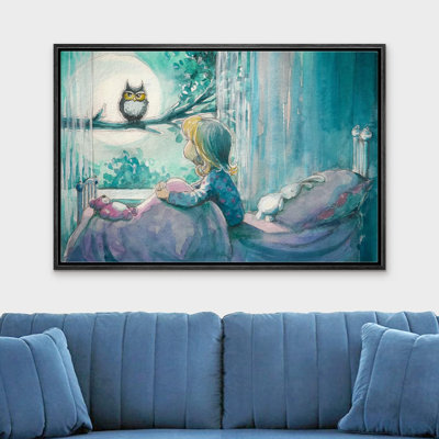 «Girl In Bed Looks at Forest Owl In Moonlight Kids» sur