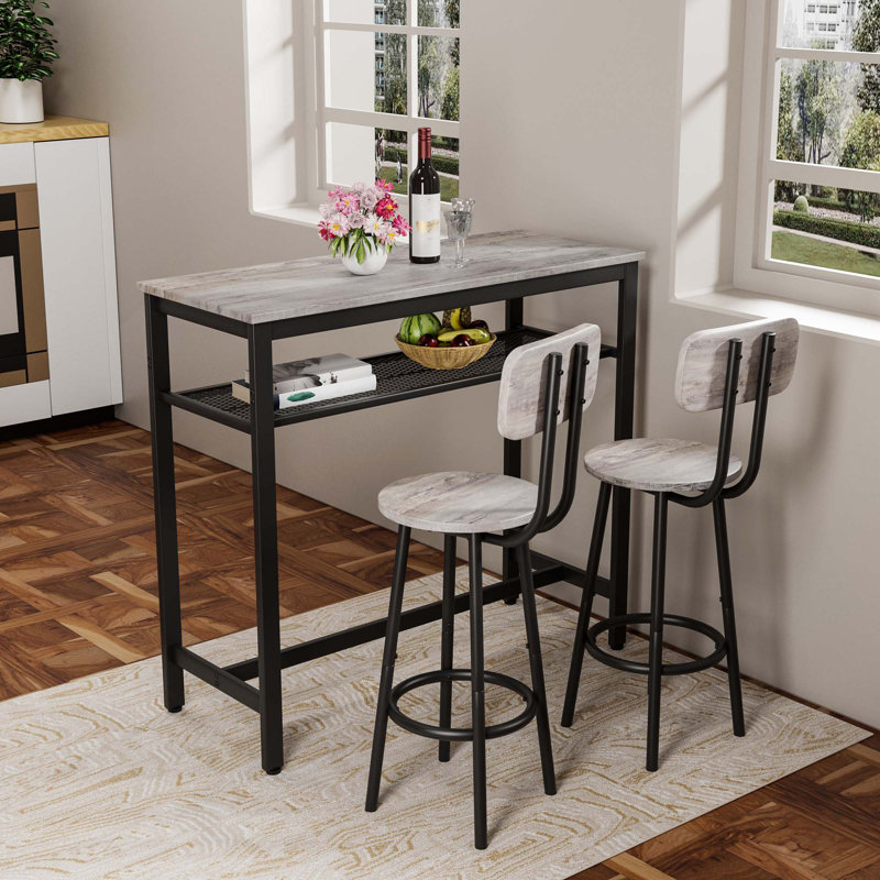 Compact Square Bar Table Set - Space-Saving Dining Pub Set, Gray/Black, 3