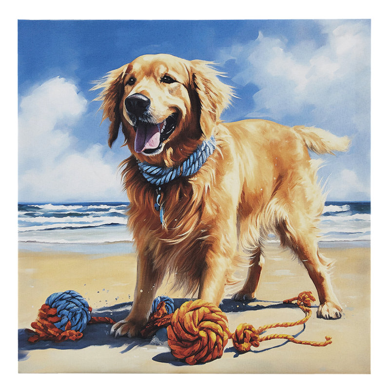 Reproduction d'art sur toile Golden Retriever - «Beachside Dog Delight» l 16 po x H 16 po