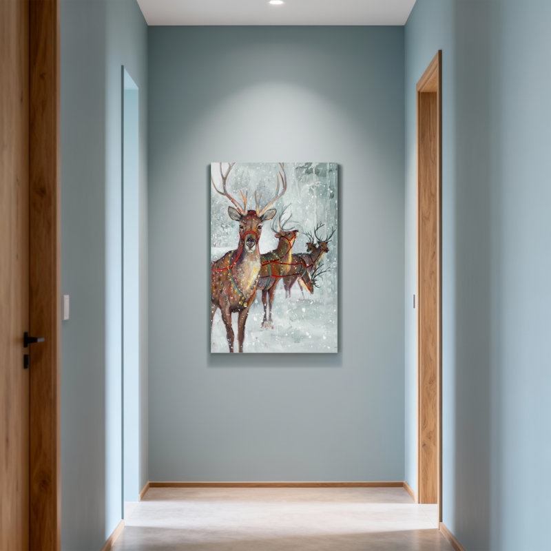 Animals Reindeer Pulling Sleigh In Snowy Forest Scene, 40" H x 28" W