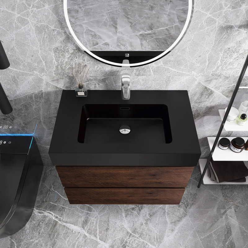 30 In. Single Sink Wall Mounted Bathroom Vanity with Top, Walnut