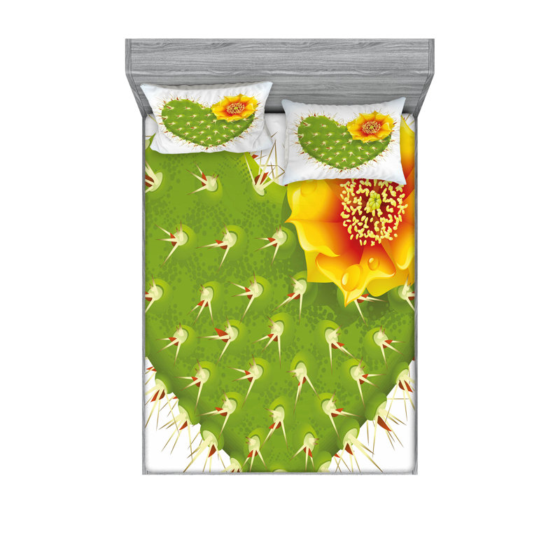 Ensemble de draps et taies décoratives Ambesonne Cactus, vert jaune orange, Ensemble de draps pour très grand lit californien