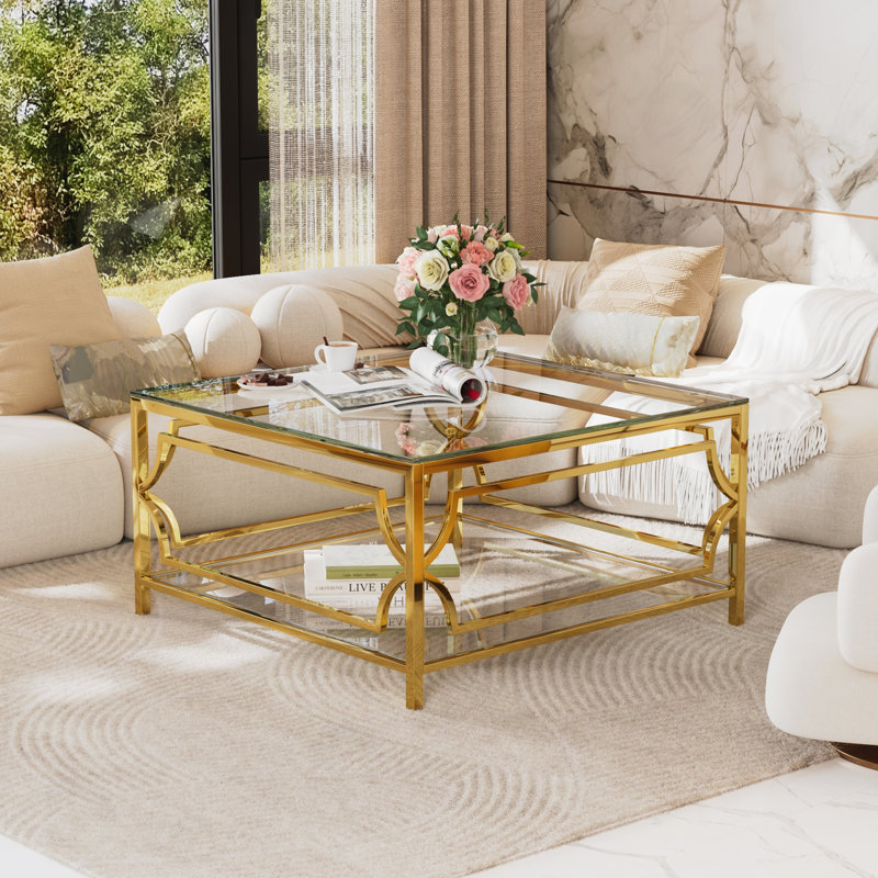 Table basse carrée en verre avec structure en métal, Clear Top/Gold Base