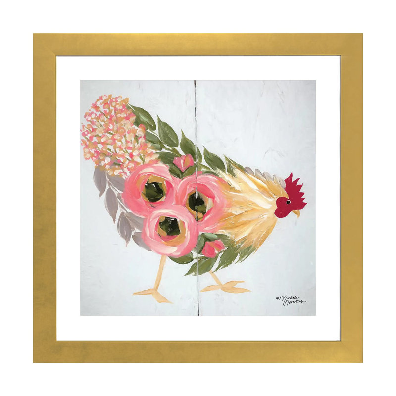 «Floral Hen on White» par Michele Norman - impression d'art graphique, Papier encadré doré, Blanc, H 16 po x l 16 po x p 1 po