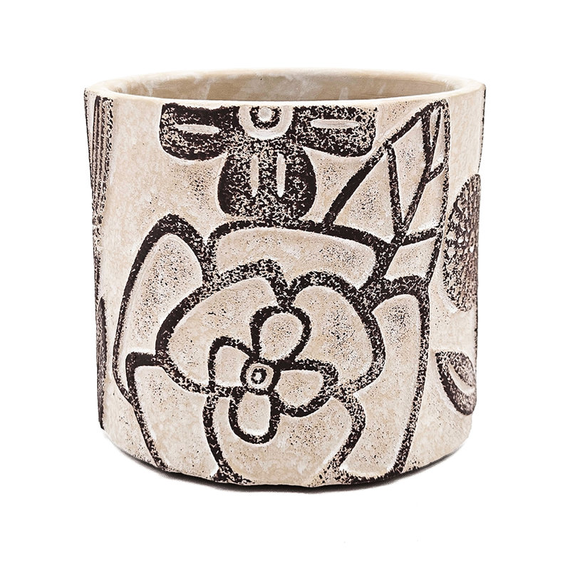 Of 4, Gray Sand - Cement Planters, Brown Botanical Designs, Home Decor And Planter Of 4.3X4.3X4 Inches, Elements For Room
