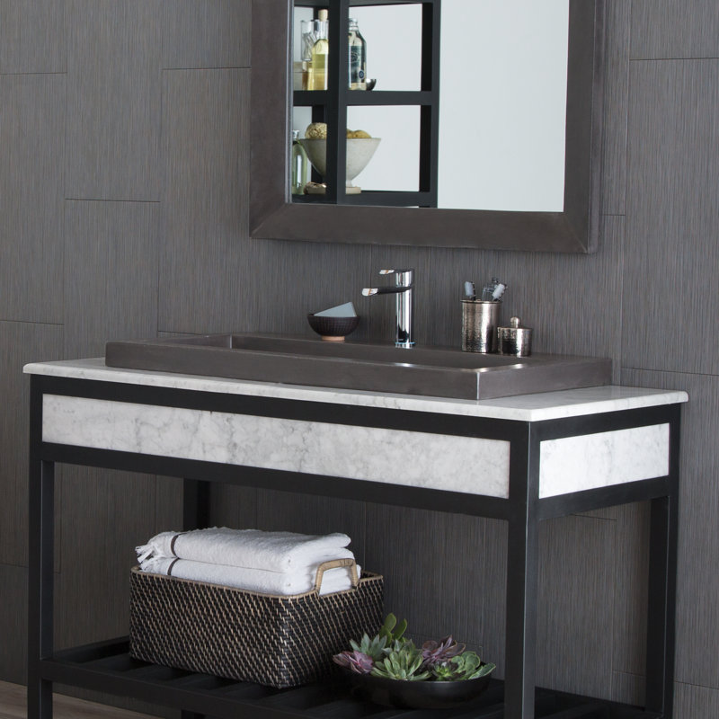 NativeStone Handcrafted Concrete 36" Trough Bathroom Sink, Slate, Single Hole Faucet