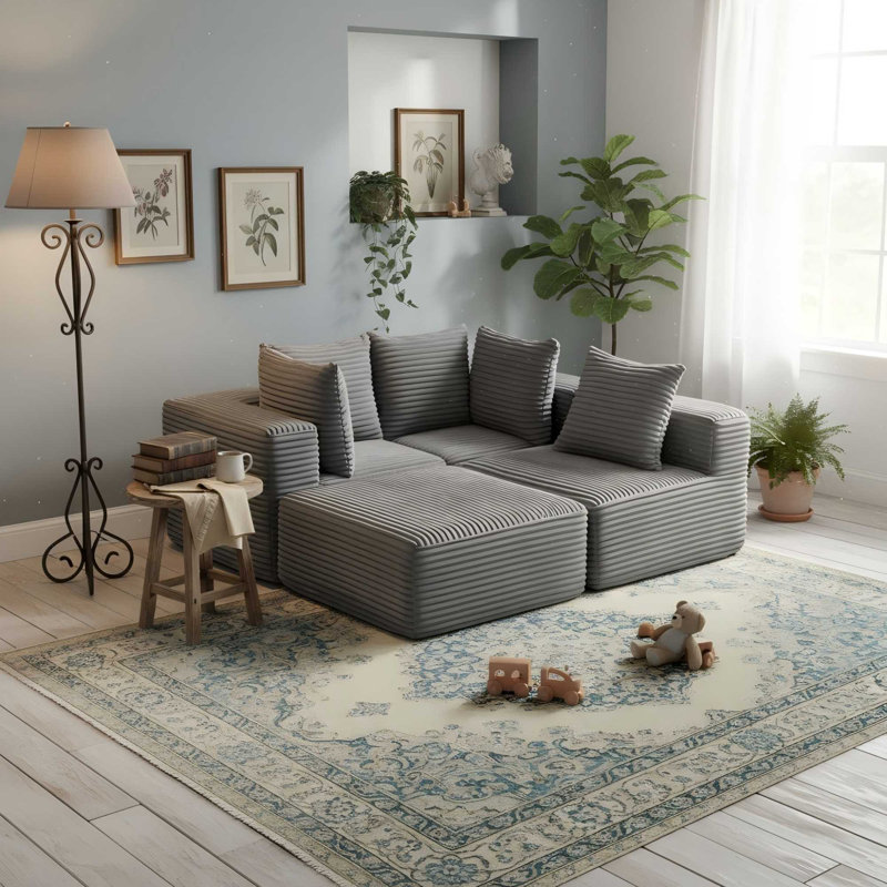 104.72" Wide Corduroy Sectional, Green Corduroy