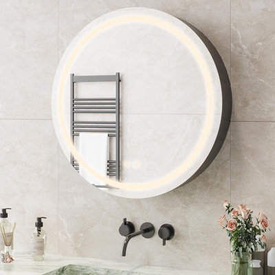 Pharmacie ronde ronde avec miroir éclairé, 3 couleurs, à intensité variable, anti-buée, prise de courant intégrée pour la salle de bain