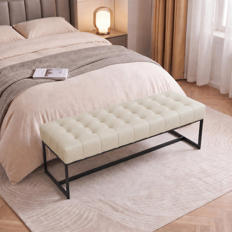 Genuine Leather Upholstered Bench, Beige