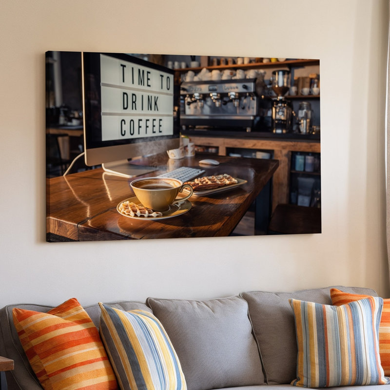 Toile «A Cosy Caf Scene» mettant en vedette un ordinateur de bureau élégant présentant un art mural, H 18 po x l 24 po