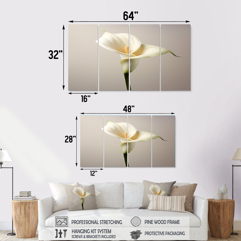 Gros plan d'une fleur de lys arum blanc - art mural lys pour le salon, 4 pièces, H 32 po x l 64 po