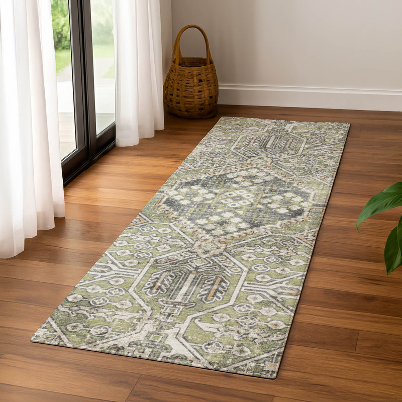 Premium Machine Washable Mayfield AMF2197 global Rug, 2'3" x 7'6" Runner, Aloe
