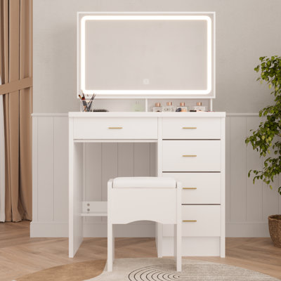 Mickyla Vanity Desk With Lights Mirror & Stool by Wrought Studio