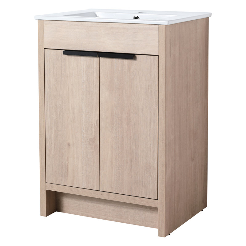 Meuble-lavabo autoportant de 24 po, portes à fermeture douce, chêne brut, contreplaqué, tablettes réglables pour un rangement sophistiqué