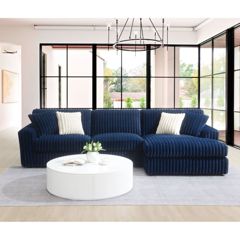 Breton Blue Corduroy Sectional Sofa W/4 Pillows