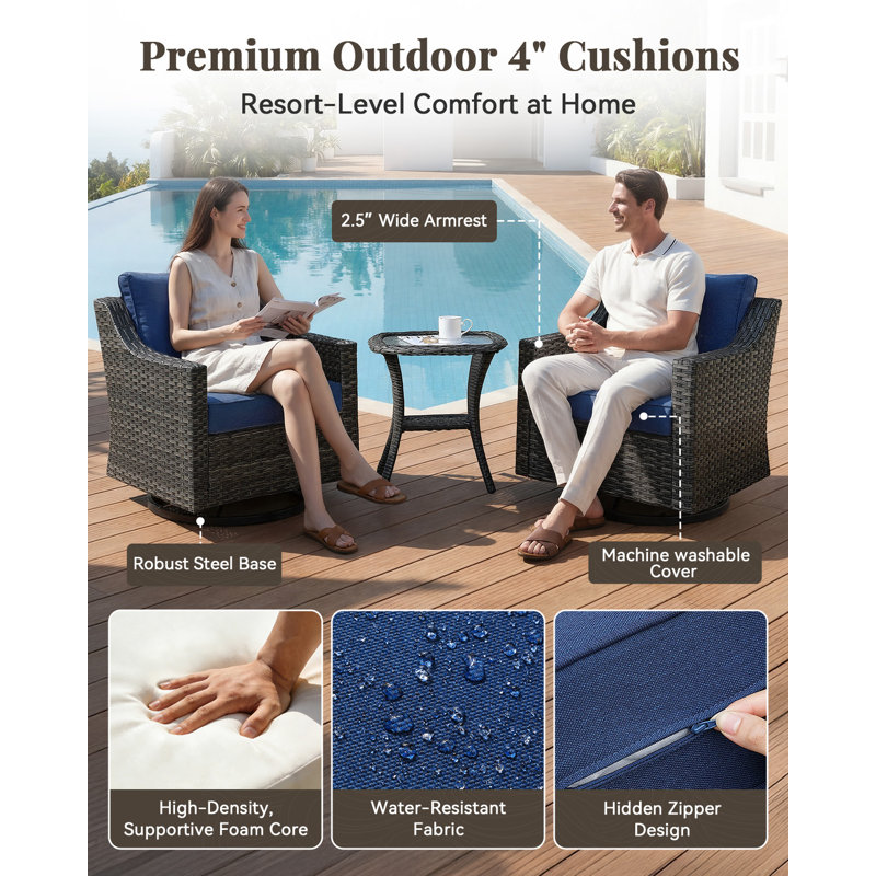 Patio Furniture Set 3 Pieces Luxury Outdoor Bistro with Swivel Rocker Chairs and Side Table, Easy Assembly Conversation Set for Porch Deck Balcony Yard in Gray Wicker and Blue Cushions