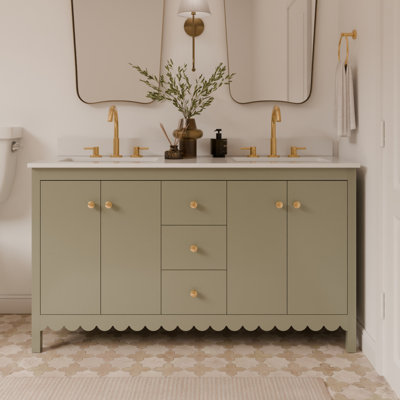 Meuble-lavabo festonné à double cuve 60 pouces - Satin olive - Avec plateau - Boutons dorés