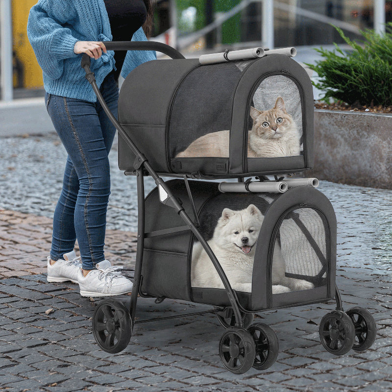 Black and Gray Double Pet Stroller with Steel Frame