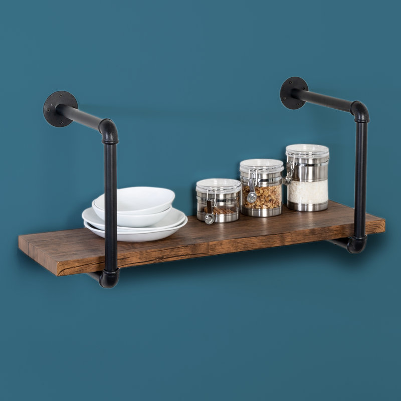 Black and Rustic Brown Industrial Steel and Wood Wall Shelf
