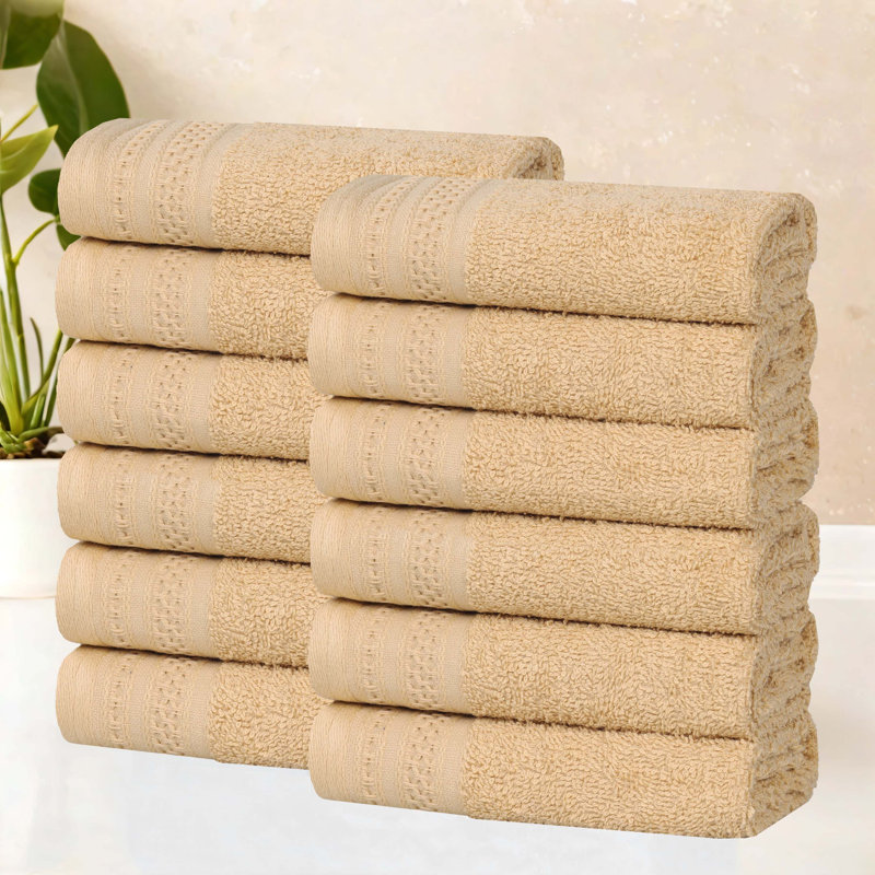 Honeycomb Textured Waffle Border Cotton Medium Weight Face Towels Washcloths, Gold