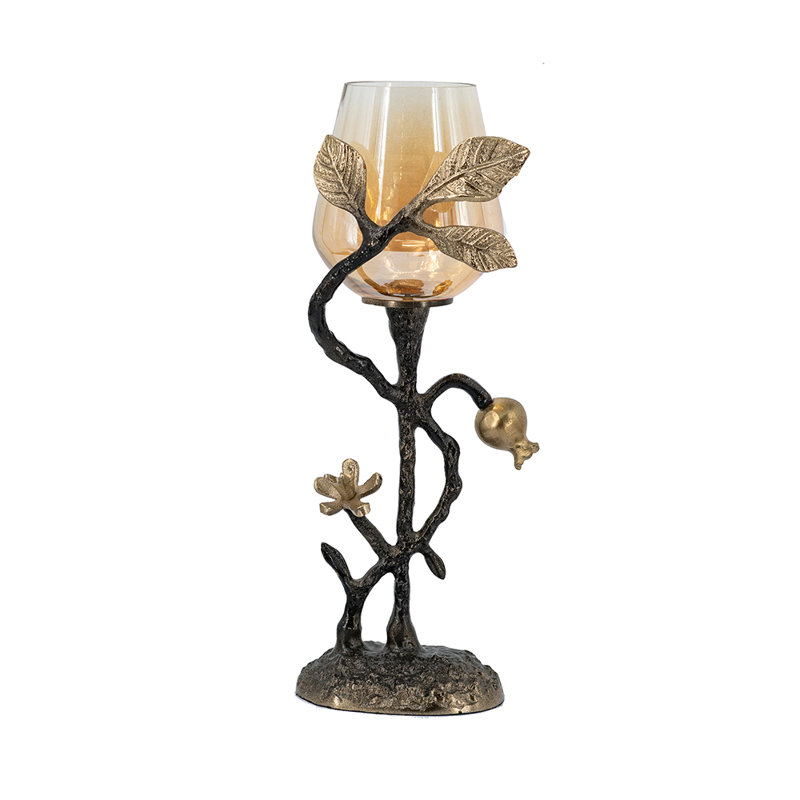 D5x14" Decorative Votive Candle Holder With Black And Antique Gold Floral Vine Design