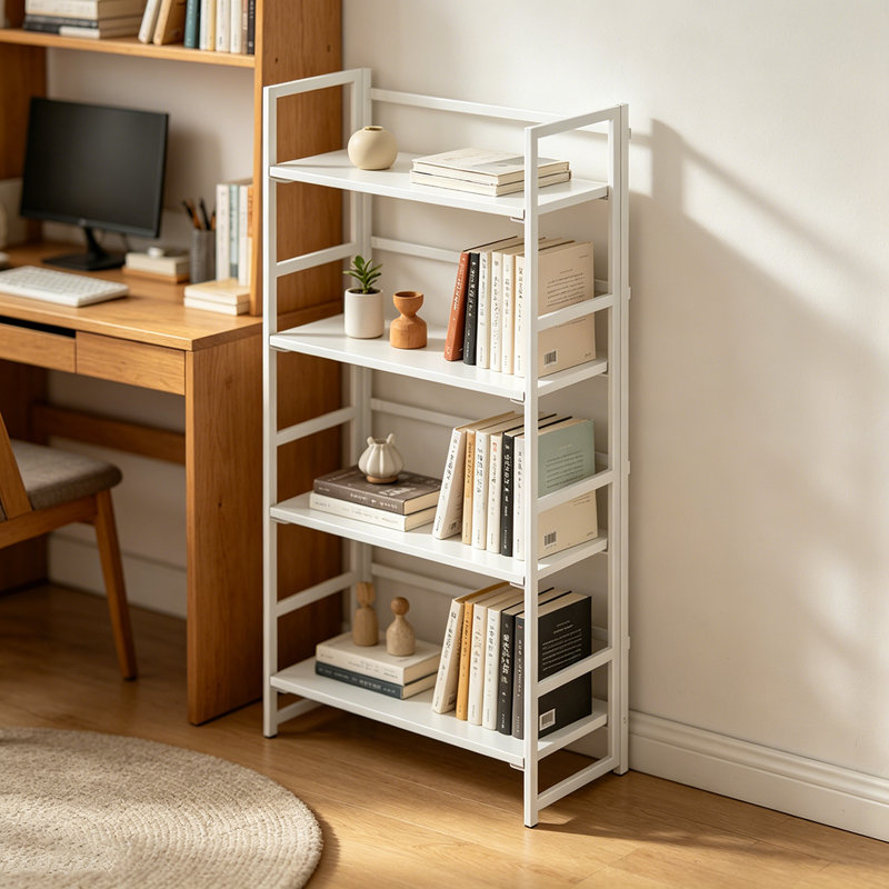 Bibliothèque multifonctionnelle à 4 niveaux, bibliothèque pliante rétro, tablettes de rangement sans assemblage pour le bureau personnel