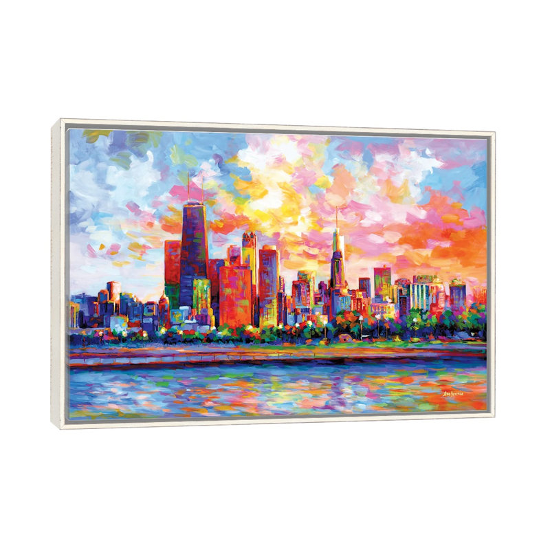 Chicago Skyline by Leon Devenice iCanvas, 32" H x 48" W x 1.5" D, Distressed White Floater Frame Canvas