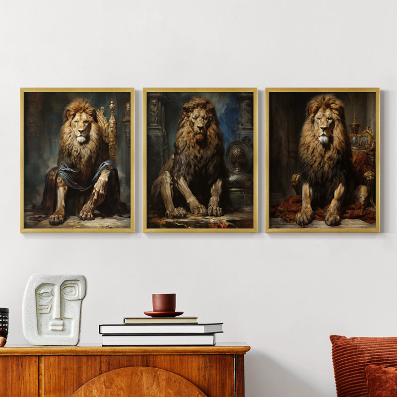 Série royale d'animaux LX - ensemble de 3 estampes numériques encadrées - prêt à être accroché, Cadre doré, H 10 po x l 8 po