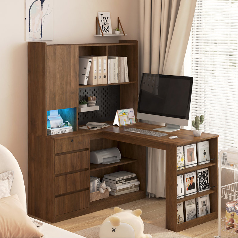 L Shaped Desk,Computer Desk With Drawers,Bookshelf,With LED Light,Modern Corner Desk,Home Office Desk,L-Shaped Study Table Writing Desk,Corner Gaming Computer Desk With Storage