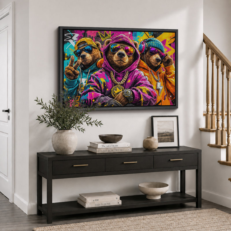 «Hip Hop Bear Graffiti», impression sur toile, impression sur toile encadrée, H 16 po x l 24 po x P 1,5 po, Cadre noir