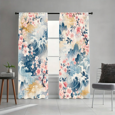 2PCS Japanese Cherry Blossom Mountain Wave Light Filtering Rod Pocket Curtains, Oriental Spring Landscape Art Print Window Drapes, Easy Hang Rod Pocket, All Season Home Decor for Living Room, Bedroom, Study, Serene Asian Style Window Treatments