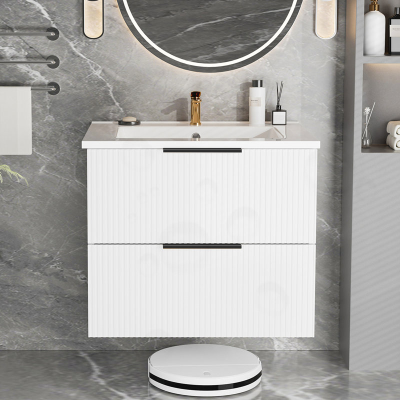 Meuble-lavabo mural flottant avec lavabo en céramique, L 24 po, Blanc mat