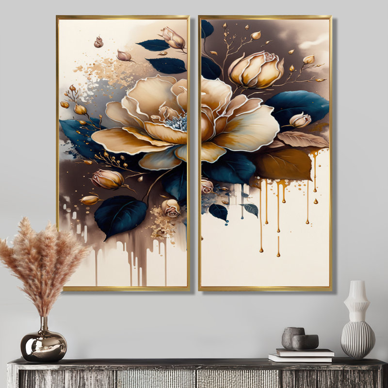 «Brown and Blue Rose Design», reproduction d'art sur toile encadrée rose, art floral brun 2 pièces, H 40 po x l 40 po, Doré