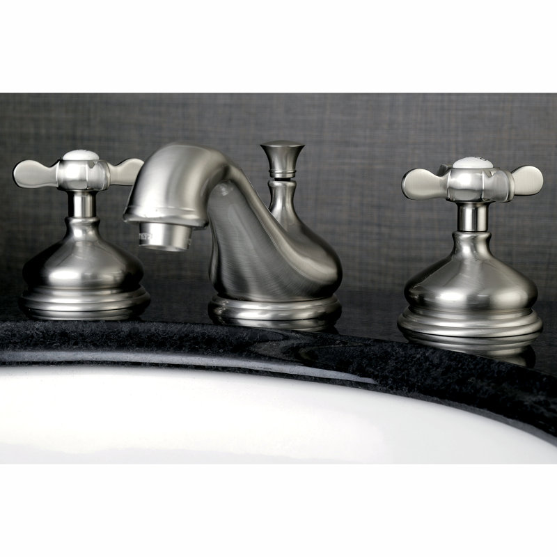 Kingston Brass Essex Two-Handle 3-Hole Deck Mount Widespread Bathroom Faucet with Brass Pop-Up Drain, Brushed Nickel