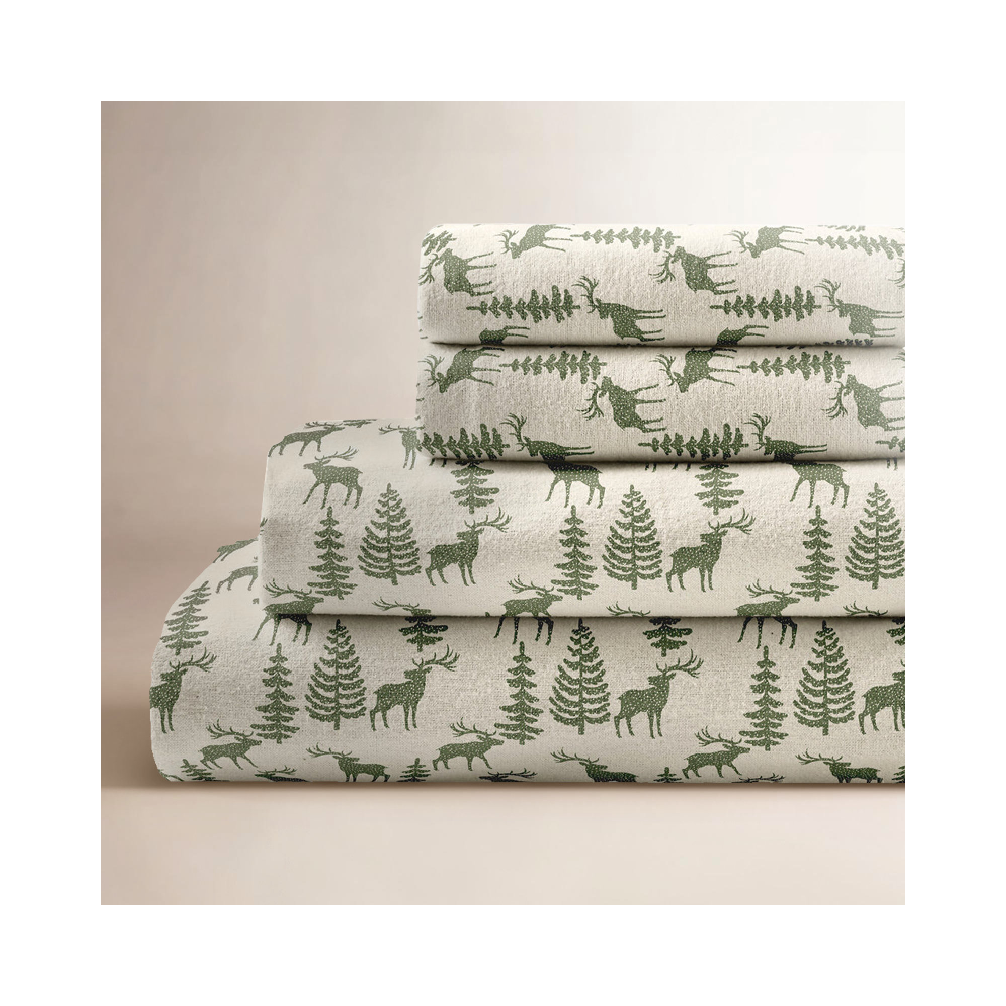 Fabrice Flannel Sheet Set, Queen Sheet Set + Fitted Sheet + 2 Pillowcases, Ivory/Green