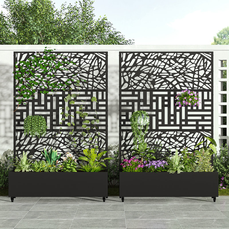 Ensemble de 2 jardin surélevé autoportant à deux tons avec écran d'intimité Boîte à fleurs en métal avec treillis pour plante grimpante