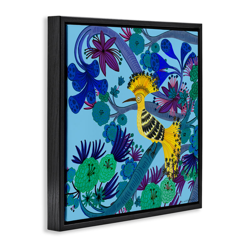 Whimsical Yellow Bird & Flowers Floating Frame, design by Kay Widdowson, Black, 18" H x  18" W