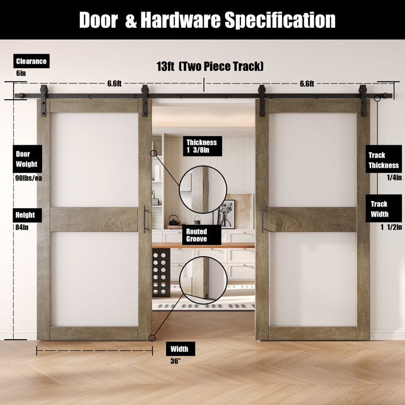 Portes de grange non assemblées et finies en verre à double vitrage de 36 po x 84 po avec ensemble de quincaillerie d'installation sans dérivation Homacer