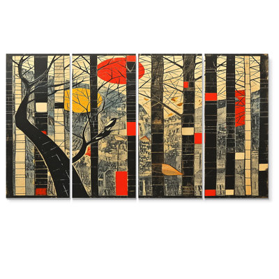 4 pièces d'art mural japonais en bambou, lune rouge japonaise