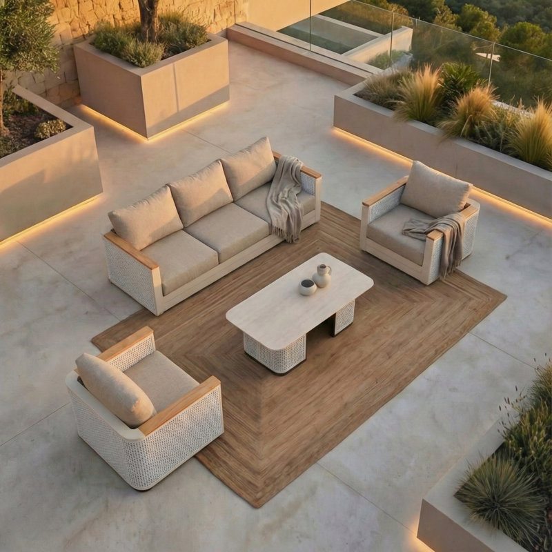 4-Piece Aluminum Conversation Set With Sofa, Coffee Table & 2 Chairs – Sintered Stone Top & Olefin Upholstery For Patio Or Indoor Lounge