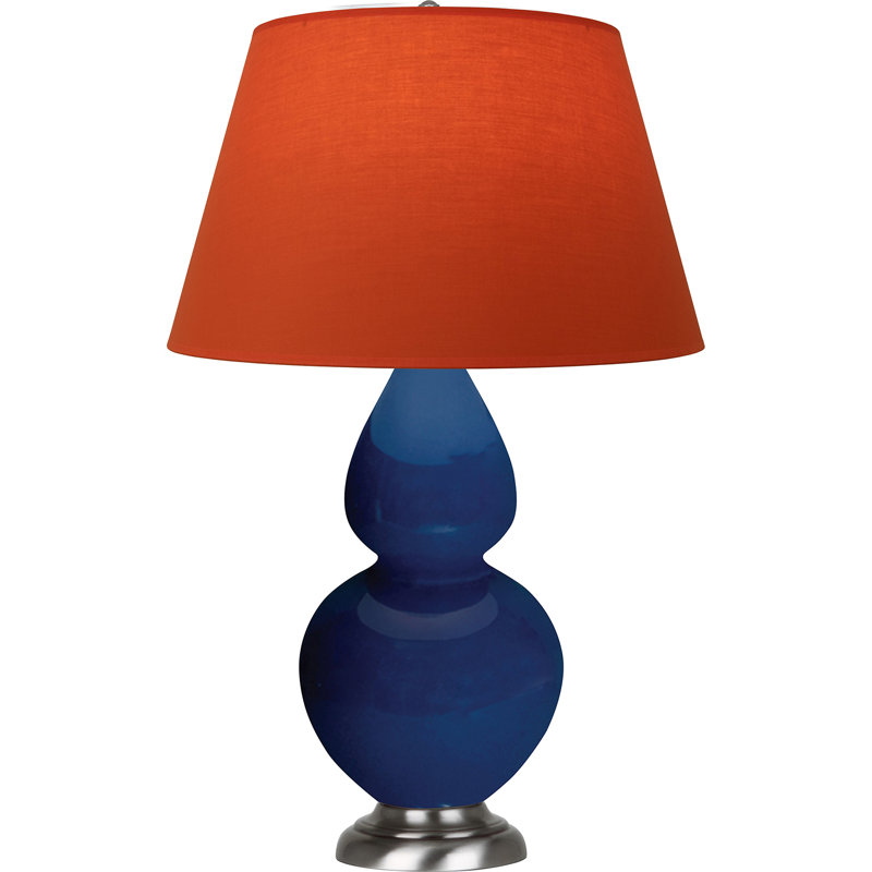 Lampe de table double gourde en céramique, Cobalt émaillé / argent antique, Tangerine / doublure taupe, Argent argent