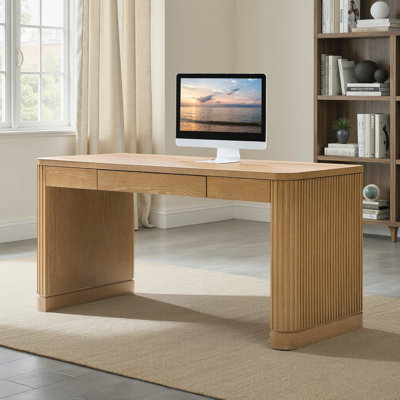 Kaybri Aranza 60”Solid Wood Base Fluted Desk with Cable Management and Power Outlets