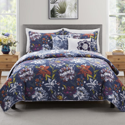  Ensemble de courtepointe réversible en microfibre bleu / rouge 5 pièces