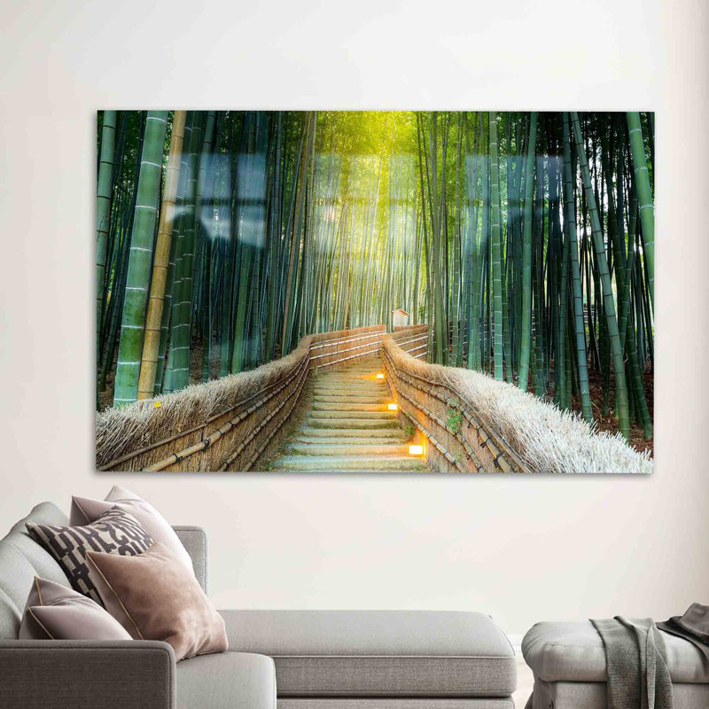 Tempered Glass Wall Art Featuring A Serene Kyoto Green Landscape And Forest Scenery Perfect For Nature-Inspired Home Decor