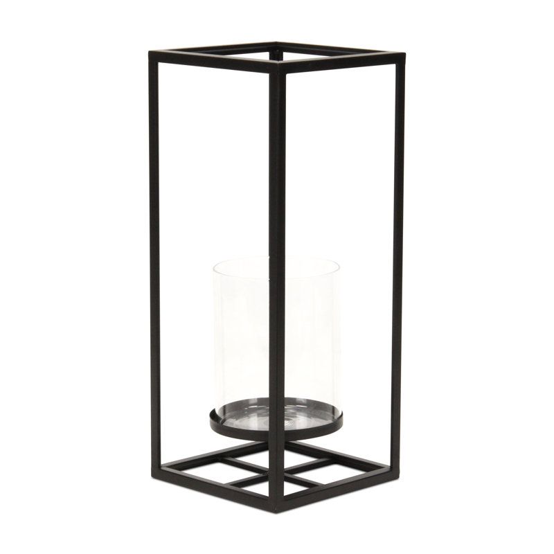 Porte-bougie de table 16 po en métal et verre noir et transparent