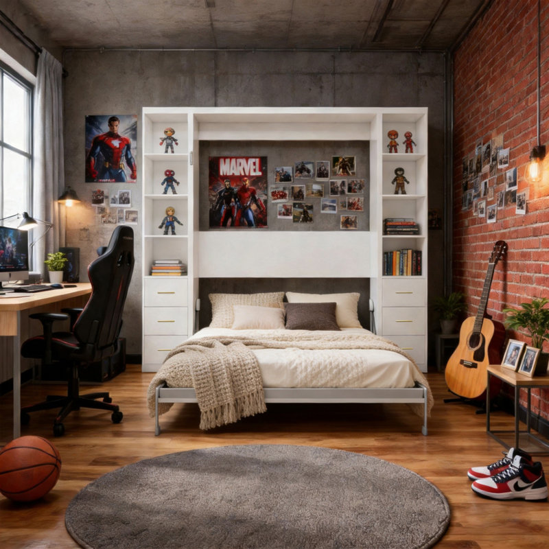 Lit escamotable bureau avec armoires de rangement latérales, grand lit mural pliable pour salle d'étude, chambre à coucher