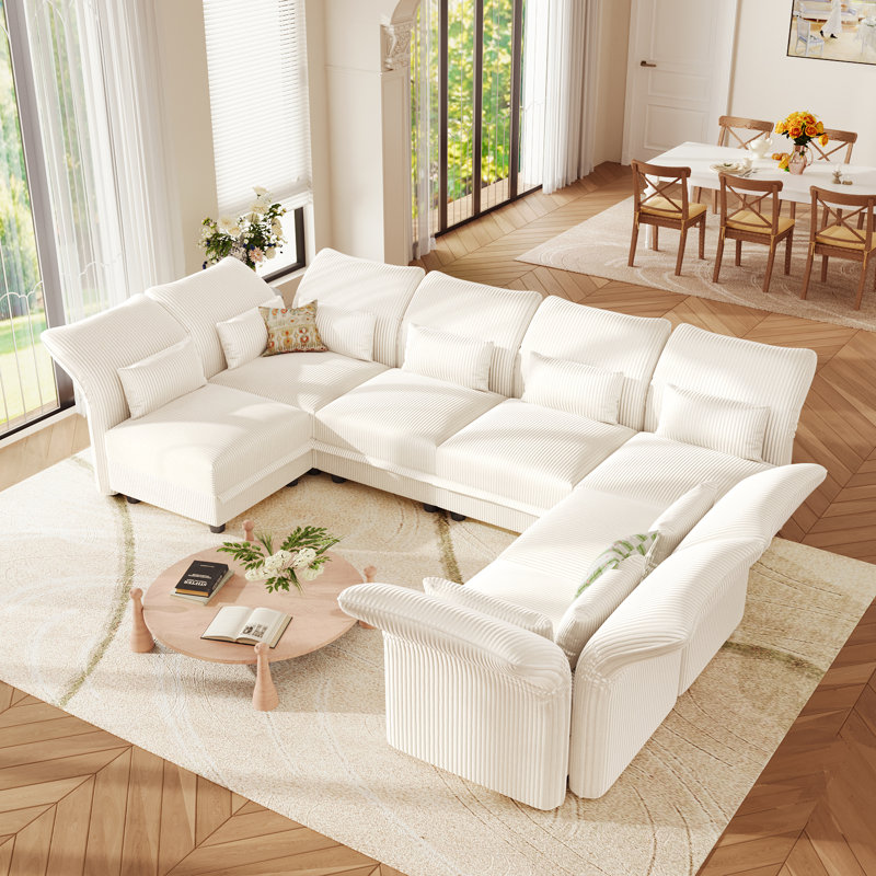 Canapé modulaire rembourré en L avec rangement en L, canapé à 7 places en velours côtelé avec dossier à accoudoirs réglables, coussins de soutien moelleux, beige