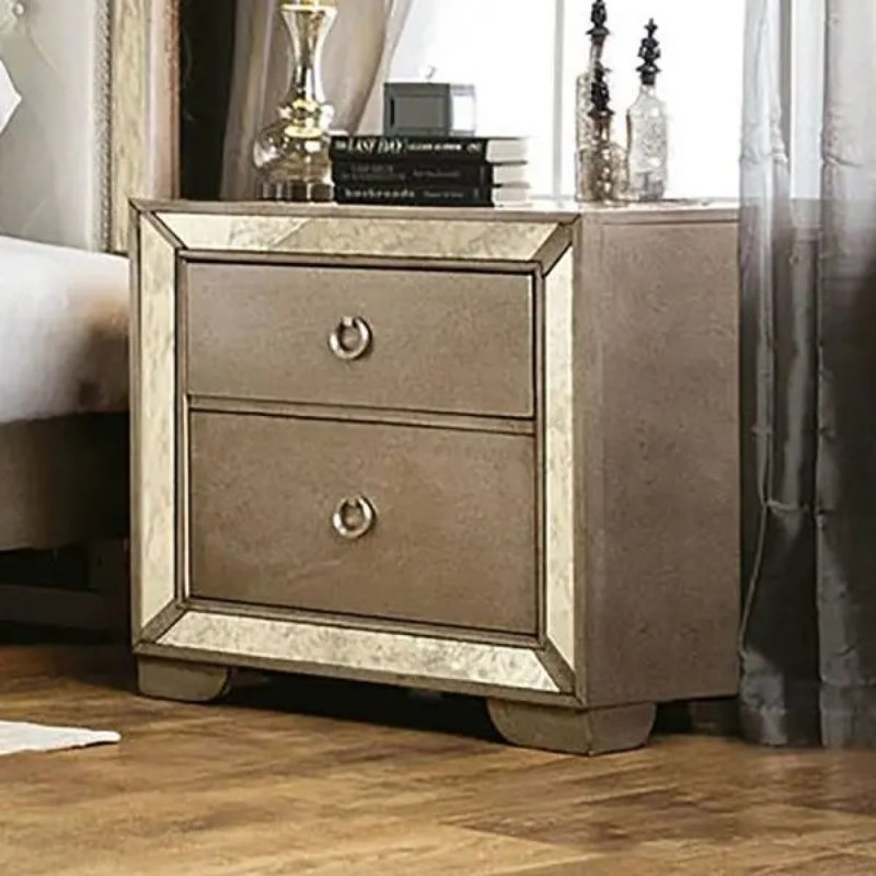 Glam Champagne Finish 1Pc Nightstand Mirror Panels Ring Pull Handles Bedroom Furniture