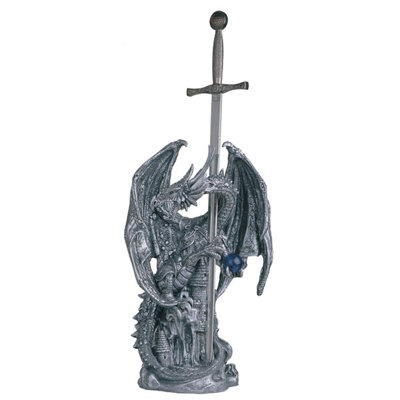 Medieval Dragon Standing on Castle with Sword Guardian Figurine