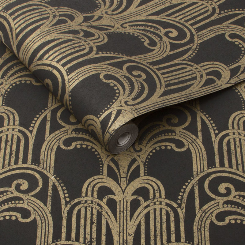 Damask Metallic Wallpaper Roll, Black/Gold